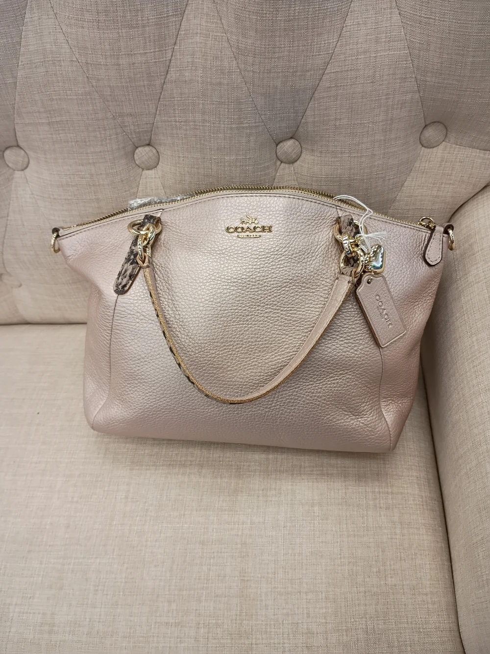 Coach Metallic Pink Leather Tote with Snake-Print Accents
